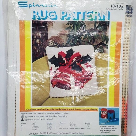 Vintage NEW Spinnerin Latch Hook Rug Pillow Printed Canvas Christmas Bells Holly - Picture 1 of 4